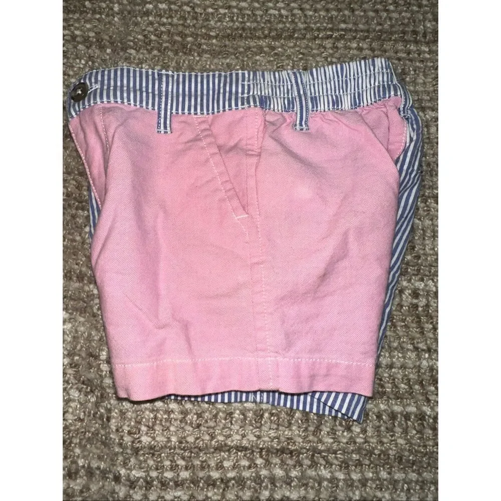 Ralph Lauren asymmetrical blue and white pin stripe and pink color block shorts